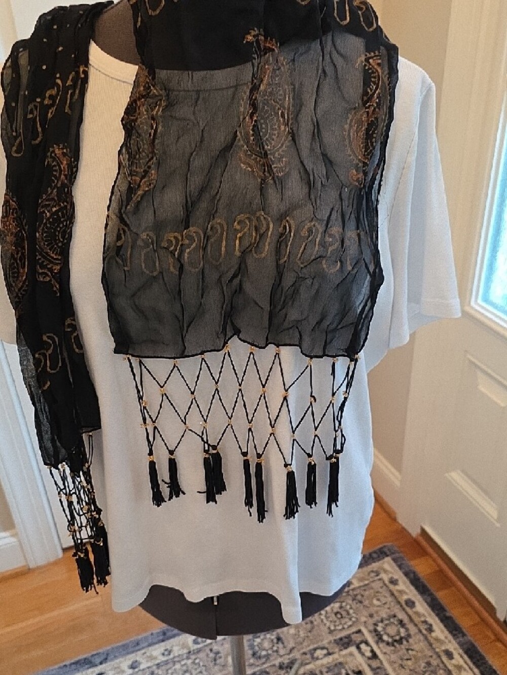 Black Polka Dot Fringe Scarf with Gold Accent - Unbranded - Picture 5 of 6